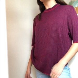 Vintage burgandyblue Striped high neckline top